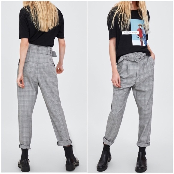 Zara Plaid Pleated High Waist Paperbag Pants Trouser Size XS - Picture 2 of 11